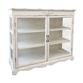 Antikolt patinás felületű, 2 ajtós krém színű vitrines tárolószekrény.