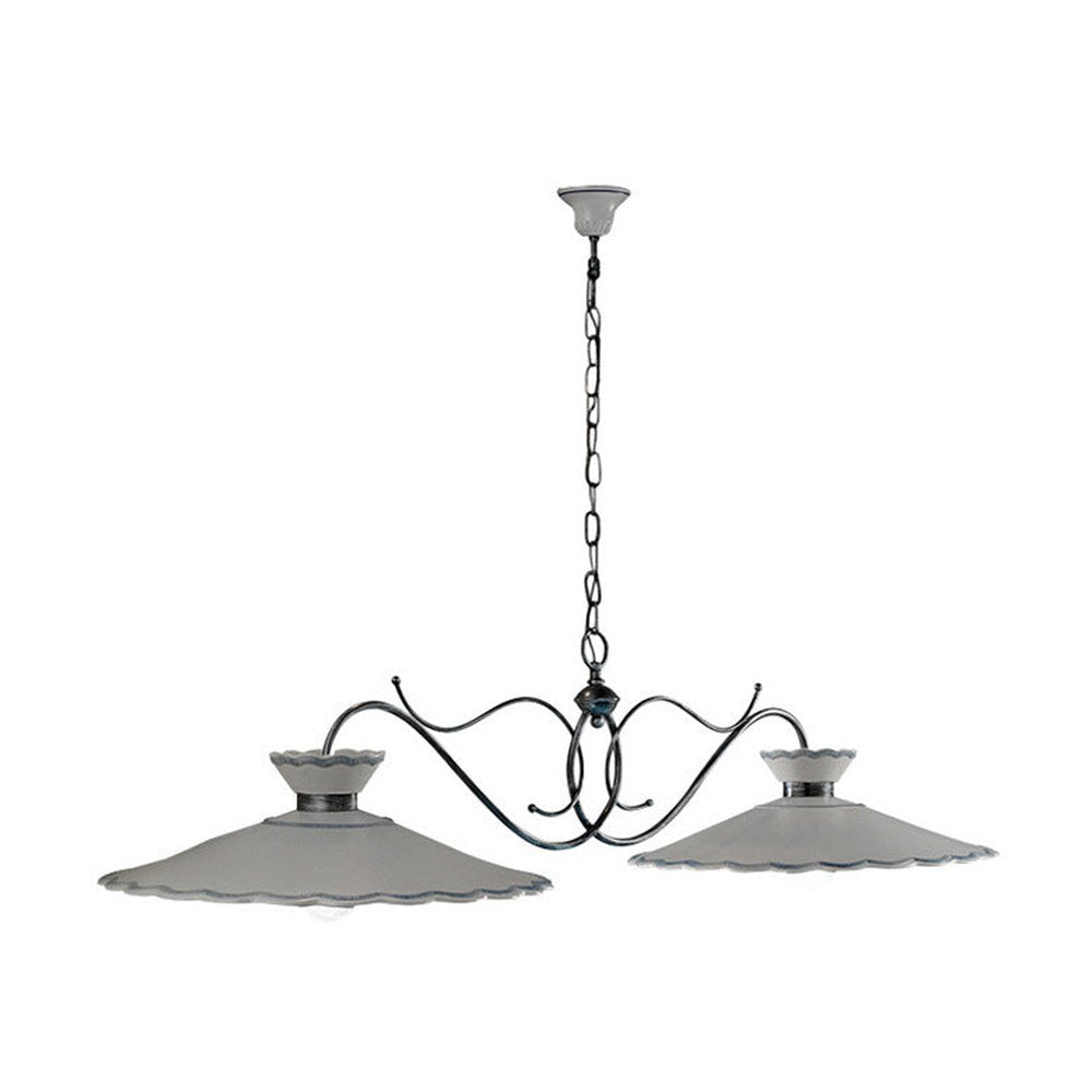 Kerámiából és fémből készült, textilburkolatú vezetékkel kialakított, kézműves függeszték lámpa.