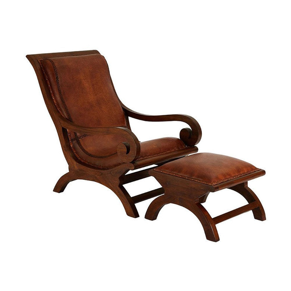 Teakfából és barnaszínű valódi cserzett vintage marhabőrből készült, régens stílusú relaxációs pihenőszék lábtartóval.