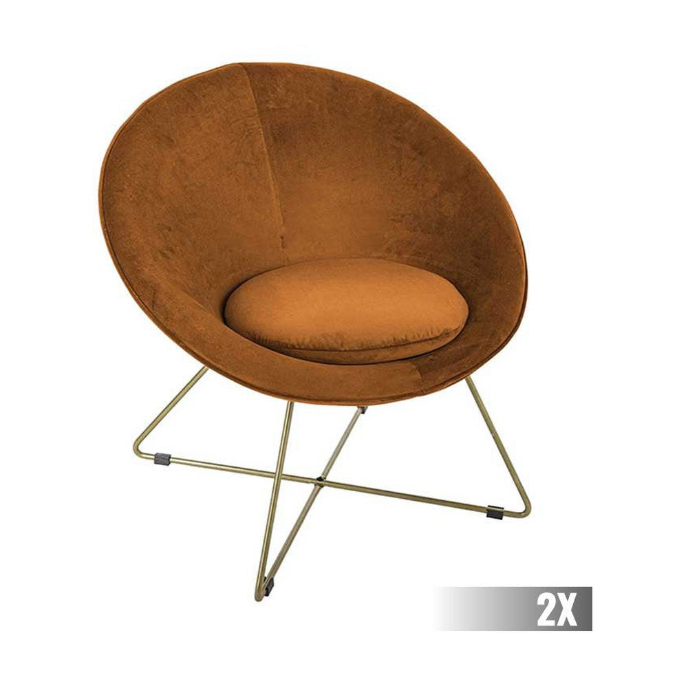 2 db modern retro stílusú, borostyánsárga színű bársonnyal kárpitozott fotel, arany színű fém lábakkal