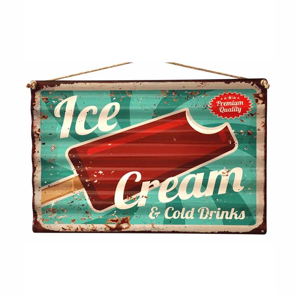 Retro stílusú, hullámlemezes fém reklámtábla, Ice Cream felirattal