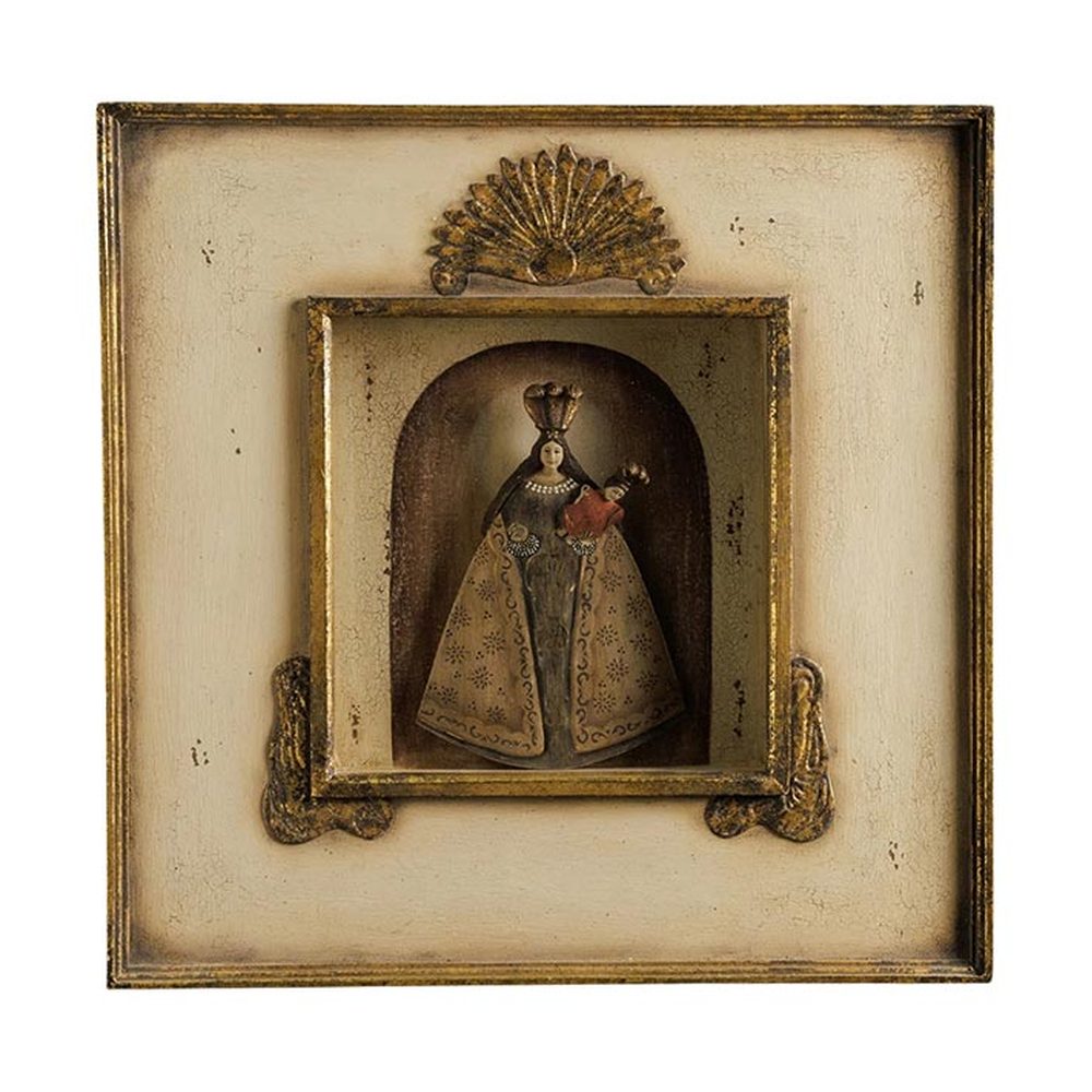 Szoborfülkés fa képkeretbe foglalt, a Rózsafüzér Királynőjét ábrázoló figura.