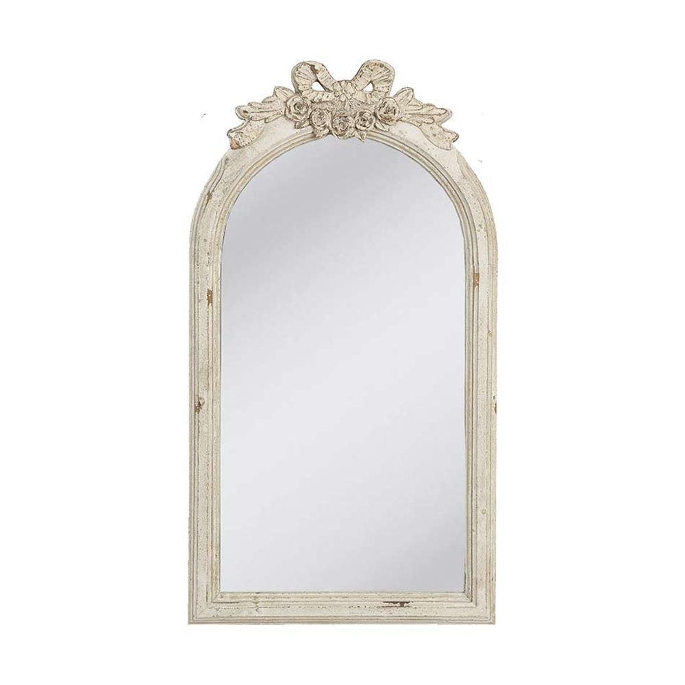 Prémium kategóriás, 91 cm magas, Shabby Chic stílusú, bézs színű, antikolt felületű, barokkos masnival díszített falitükör