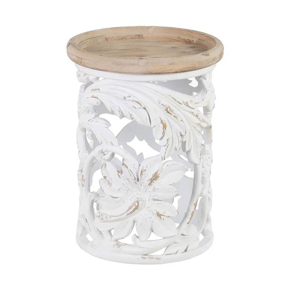 Shabby Chic stílusú, kör alakú, kézműves fenyőfa kisasztal