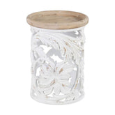 Shabby Chic stílusú, kör alakú, kézműves fenyőfa kisasztal