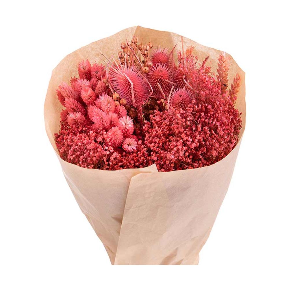 Natúr színű papírba csomagolt, 30 cm átmérőjű és 50 cm magas, vegyes kialakítású fáradt korall színű szárított gyógynövénycsokor