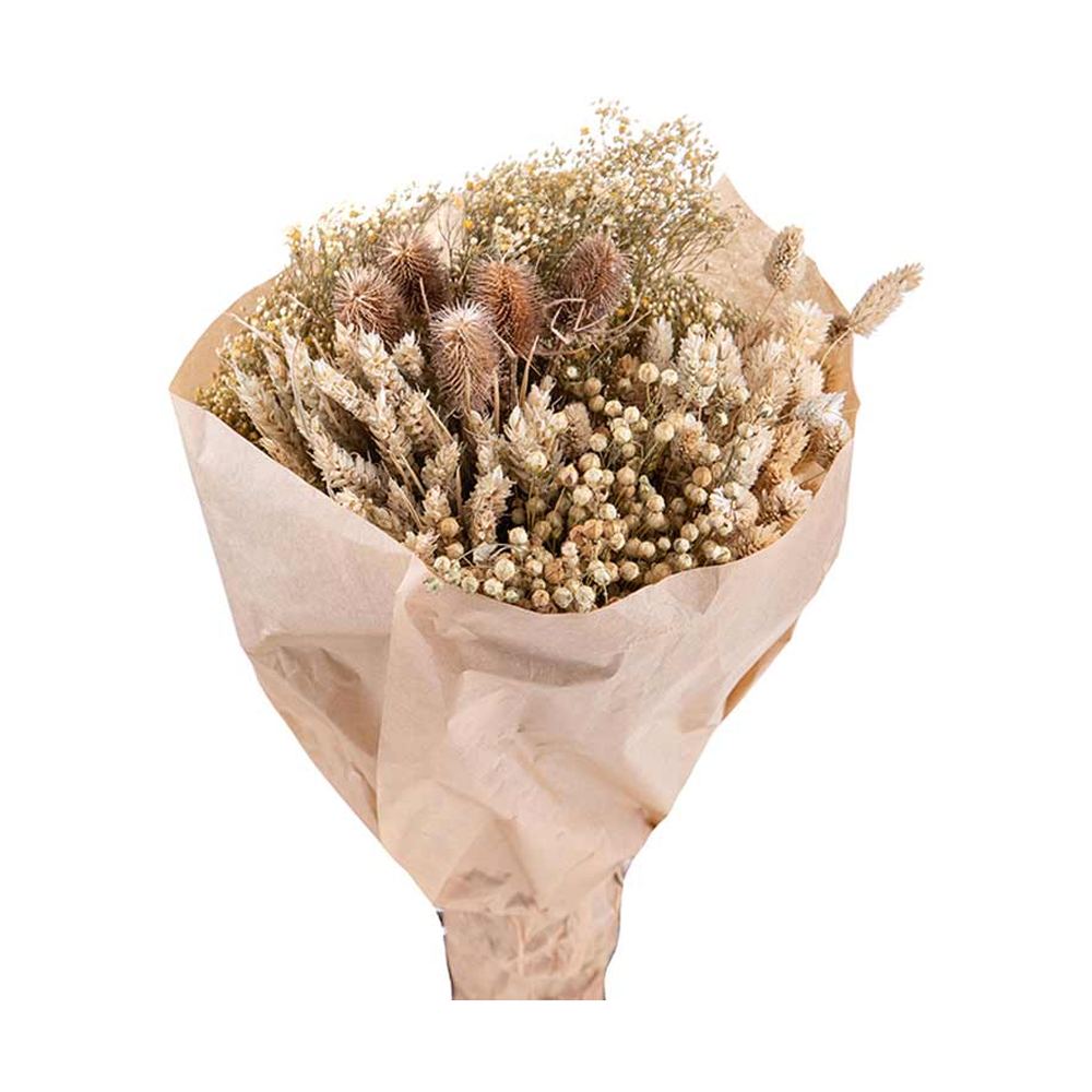 Natúr színű papírba csomagolt, 30 cm átmérőjű és 50 cm magas, vegyes kialakítású natúr színű szárított gyógynövénycsokor