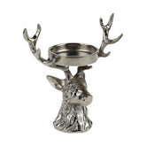 Glamour stílusú, 21 cm magas, ezüst színű karácsonyi szarvasfejes gyertyatartó