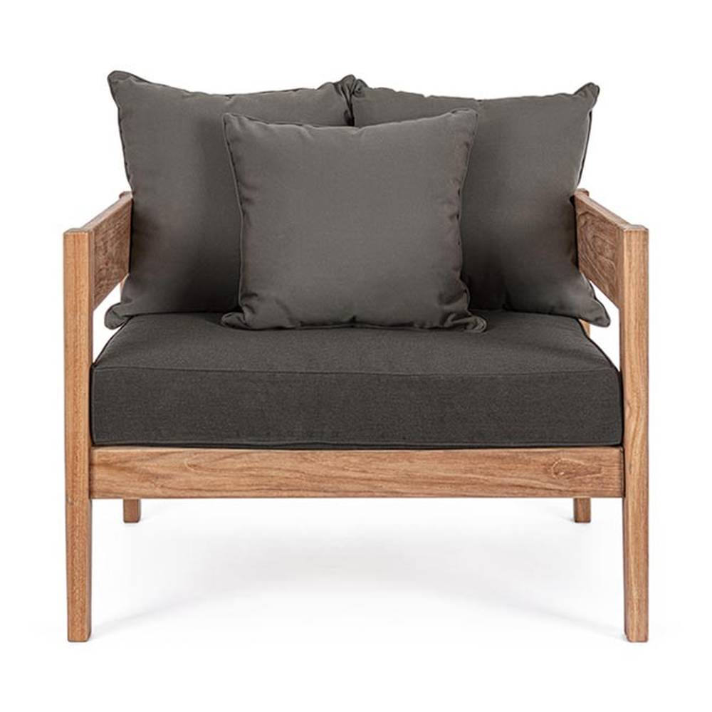 Prémium kategóriás, kortárs keleti stílusú, 90 cm hosszú és 90 cm széles teakfa fotel sötétszürke UV álló párnákkal