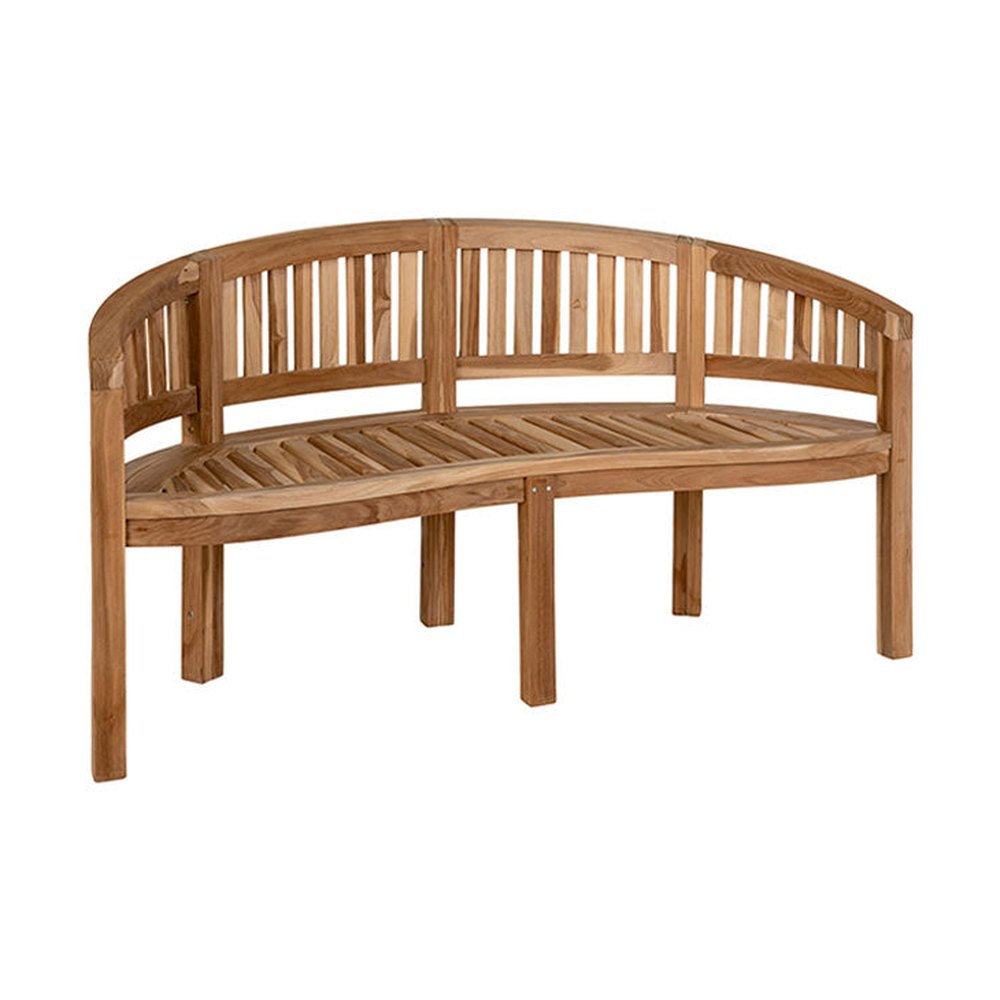 Natúr színű teakfából készült, 150 cm hosszú, banán formájú kerti pad.