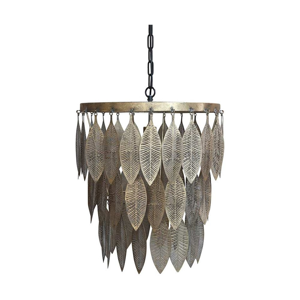 Tropical, illetve modern Art Deco stílusú függeszték lámpa, antikolt réz színű, áttört mintázatú fém levelekkel