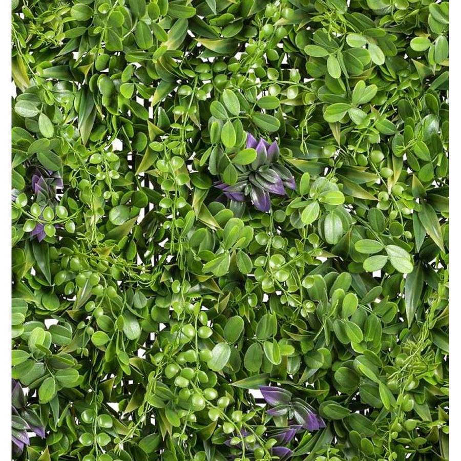 Folium UV álló levél mix mű növényfal panel 100x100 cm zöld levelekkel és néhány lila árnyalattal