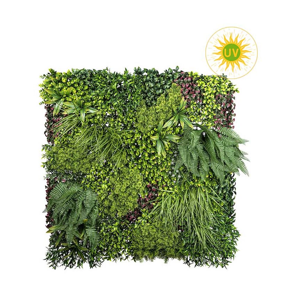 Mű páfrányokból, füvekből és virágokból készült, 100 cm hosszú és 100 cm széles, UV álló mesterséges növényfal panel .