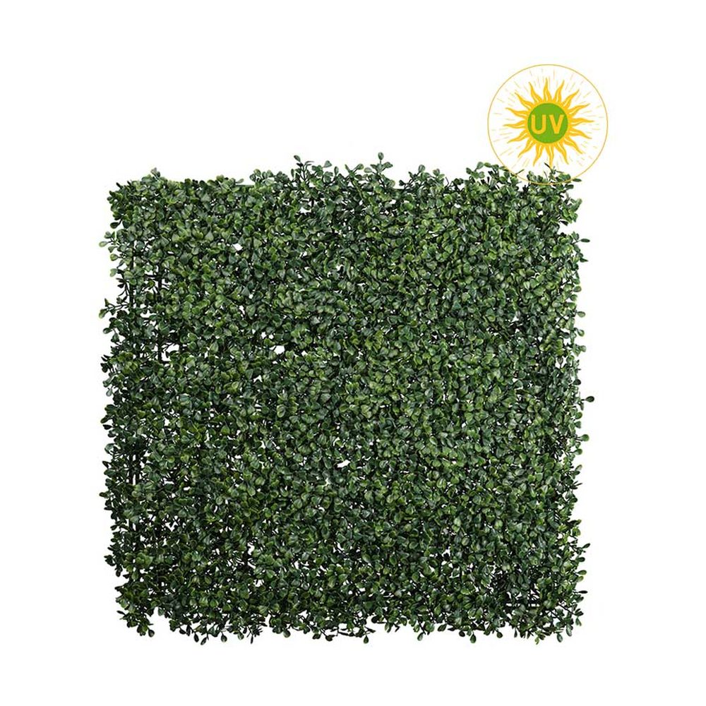 Mű bukszuslevelekből készült, 50 cm hosszú és 50 cm széles, UV álló mesterséges növényfal panel .