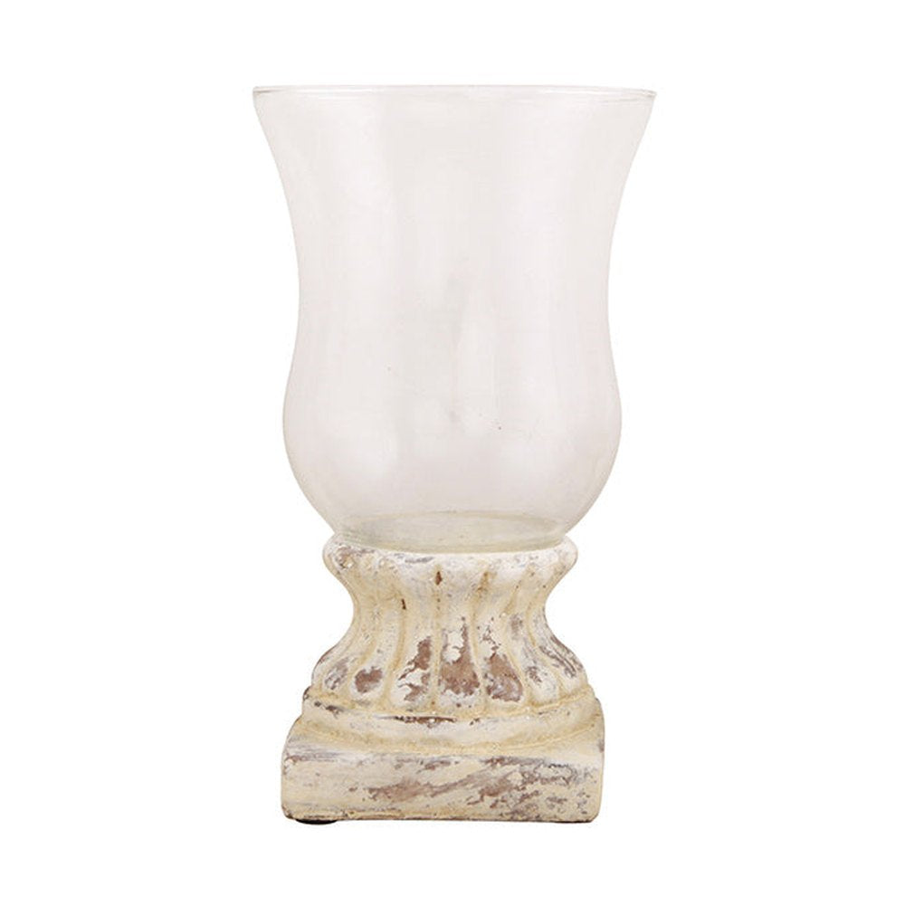 Shabby Chic, vintage stílusú, krém színű, kőhatású antikolt talpazatú üvegkelyhes gyertyatartó