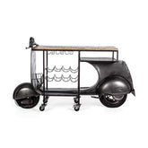 Vespa motor formájú, ezüst színű, fém kézműves bárpult konzol bortartóval, fa pult lappal.