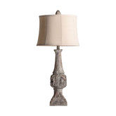 Provanszi stílusú műgyantából készült, fahatású, antikolt szürke színű asztali lámpa jutavászon lápaernyővel.