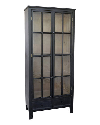 Fenyőfából készült,, rusztikus antikolt felületű, fekete színű, vintage stílusú, 2 fiókos vitrines szekrény.