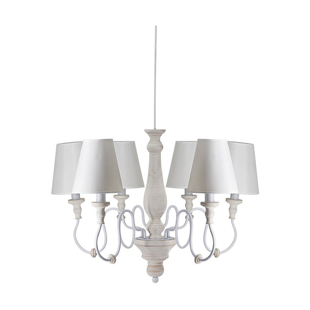 Vintage stílusú, szilfából és fémből készült, pasztell színű, 6 karú, szövet lápaernyős kézműves csillár