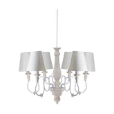 Vintage stílusú, szilfából és fémből készült, pasztell színű, 6 karú, szövet lápaernyős kézműves csillár