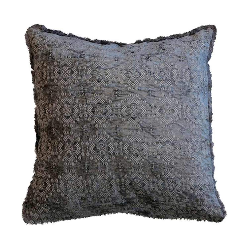 Vintage stílusú, antik szürke színű, rojtos szegélyű mintás díszpárna