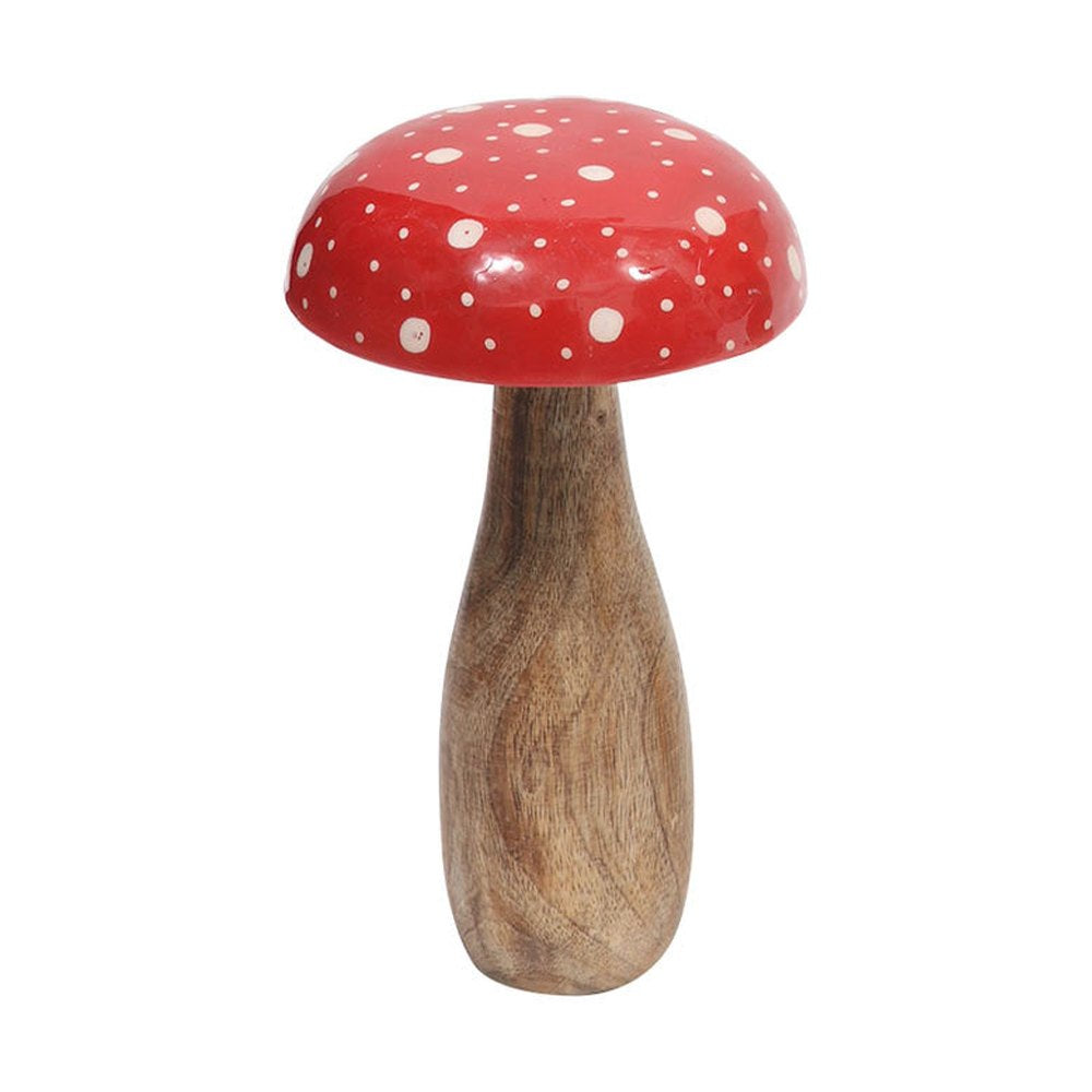 Fából készült, 20 cm magas, vintage stílusú, piros kalapú, fehér pöttyös, dekor galóca gomba.