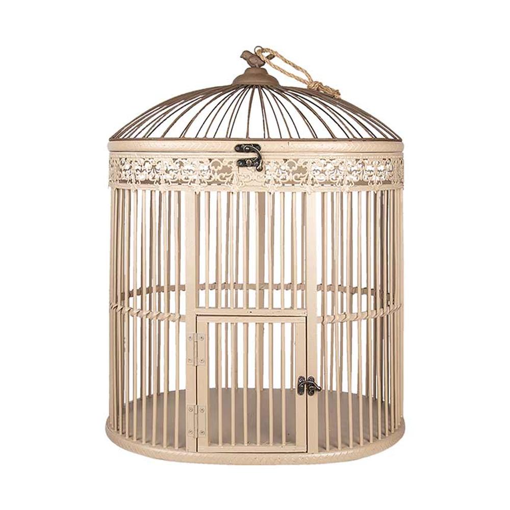 Fából és fémből készült, ovális formájú, krém színű,, vintage stílusú madárkalitka. Fából és fémből készült, ovális formájú, krém színű,, vintage stílusú madárkalitka.