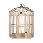 Fából és fémből készült, ovális formájú, krém színű,, vintage stílusú madárkalitka.