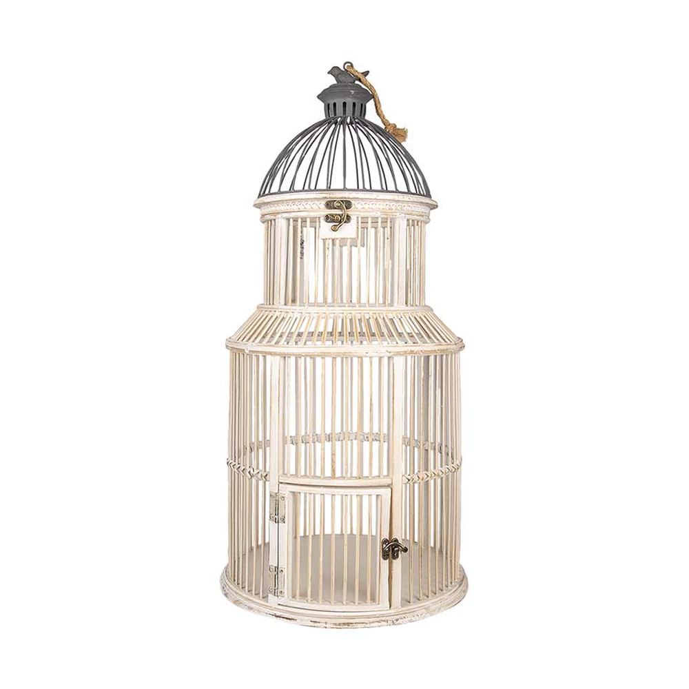 Fából és fémből készült, kör formájú, krém színű,, vintage stílusú madárkalitka.