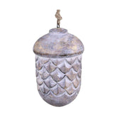 Vintage stílusú, mangófából faragott, 15 cm magas, antikolt felületű, tölgy makk formájú, kézműves karácsonyfadísz