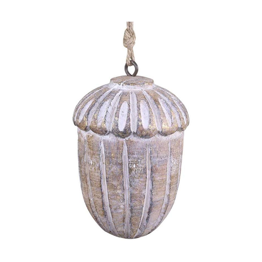 Vintage stílusú, mangófából faragott, 15 cm magas, antikolt felületű, tölgy makk formájú, kézműves karácsonyfadísz
