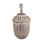 Vintage stílusú, mangófából faragott, 8 cm hosszú, antikolt felületű natúr színű, makk formájú, kézműves karácsonyfadísz