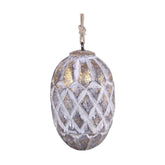 Vintage stílusú, mangófából faragott, 15 cm magas, antikolt felületű óarany színű, fenyőtoboz formájú, kézműves karácsonyfadísz