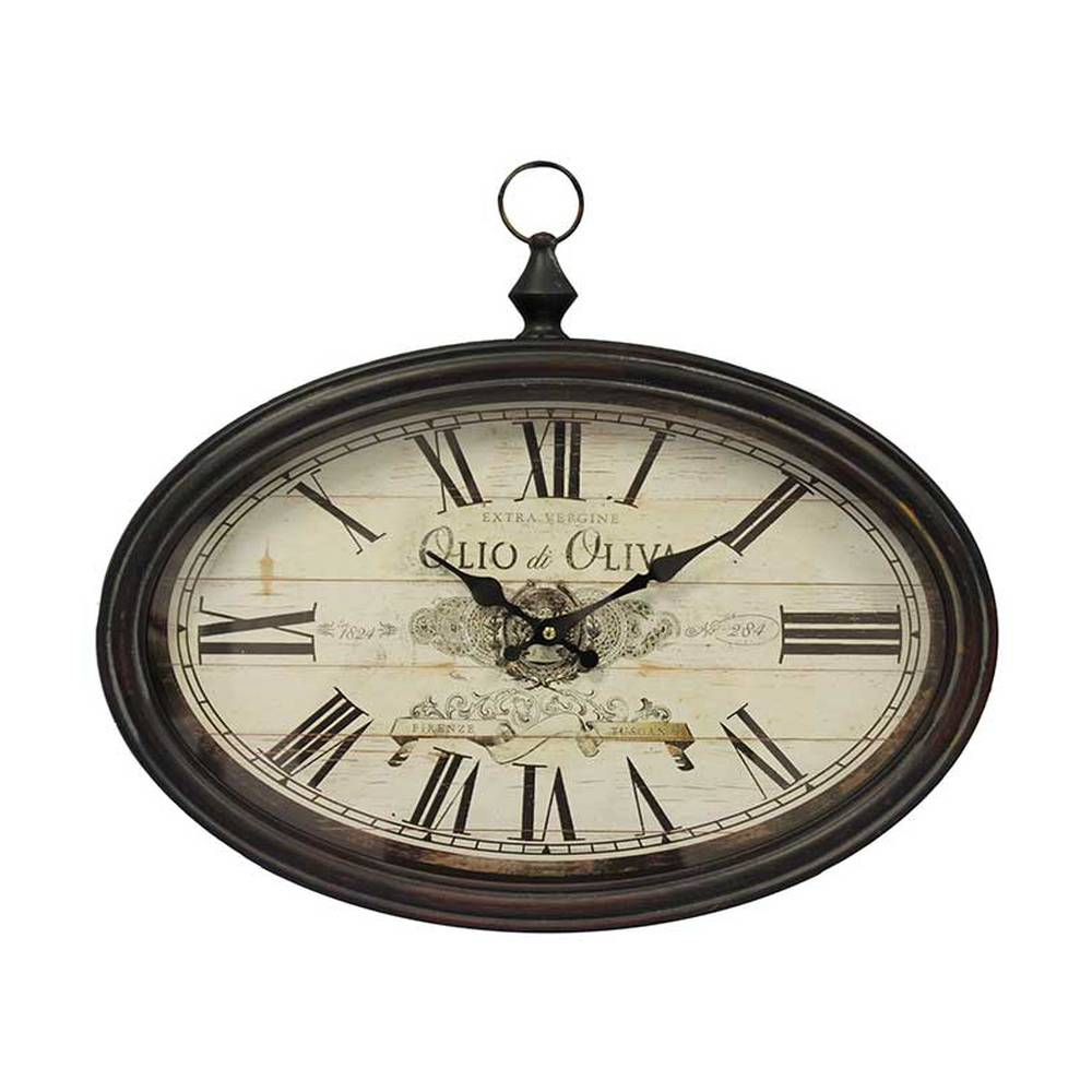 Vintage stílusú fémből készült ovális falióra "Olio di Oliva" felirattal