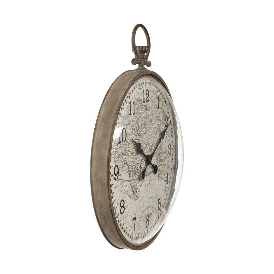 Nagyméretű, 55 cm átmérőjű és 67,5 cm magas, antik bronz színű vasabronccsal keretezett, világtérképes számlapú, domború polikarbonát üvegű, vintage stílusú falióra