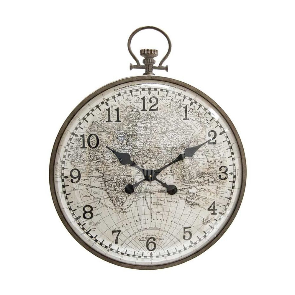 Nagyméretű, 55 cm átmérőjű és 67,5 cm magas, antik bronz színű vasabronccsal keretezett, világtérképes számlapú, domború polikarbonát üvegű, vintage stílusú falióra