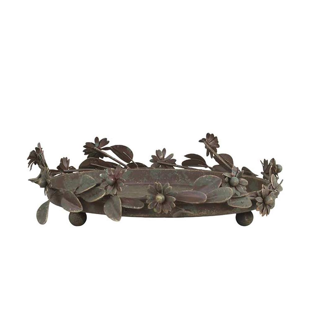 Vintage stílusú, antikolt felületű, fém virágokkal és levelekkel díszített antik réz színű gyertyatartó tálca
