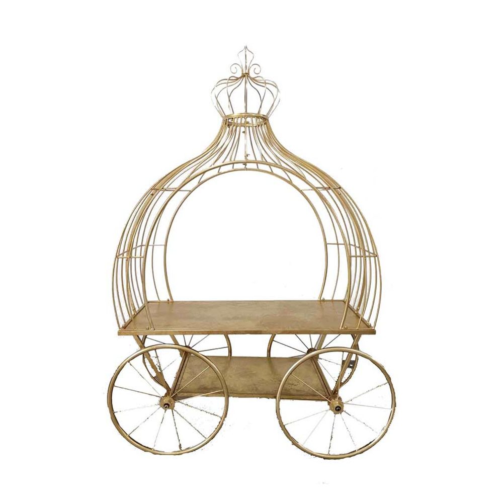 Vintage glamour stílusú, arany színű 158 cm hosszú és 224 cm magas koronás hintó formájú fém kiállítóasztal