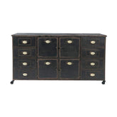 Rusztikus vidéki vintage stílusú, 152 cm hosszú, antik fekete színű, 8 fiókos, 4 ajtós dekoratív fém szatócs komód