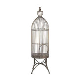 Fémből készült, kör alaprajzú, bronz színű, 30 cm átmérőjű és 107 cm magas, vintage stílusú madárkalitka formájú lámpás.