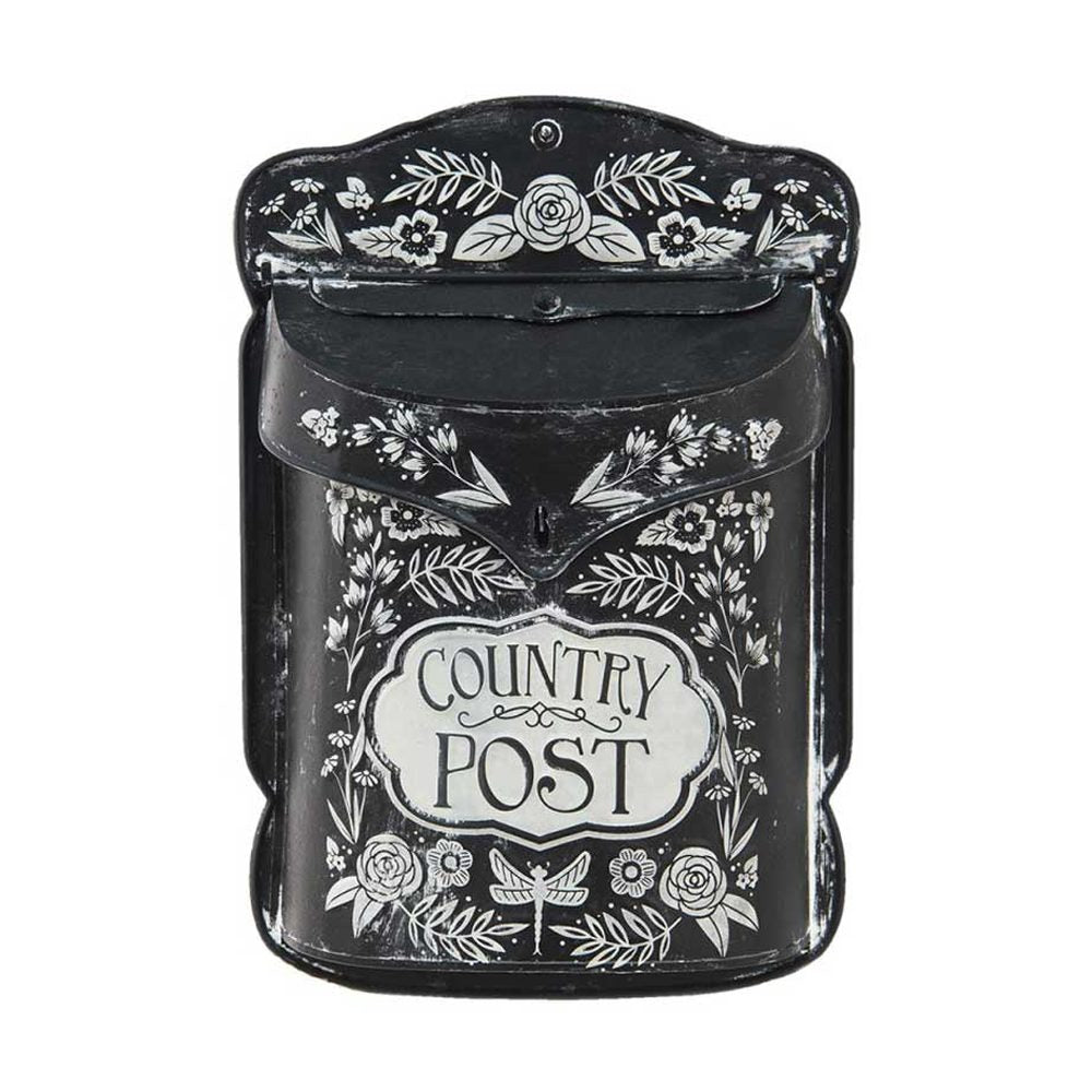 Vintage stílusú, fémből készült, fehér színű növényi dombormintával díszített, "Country Post" feliratú antik fekete dekor postaláda