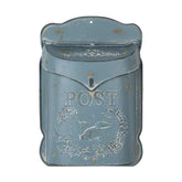 Vintage stílusú, fémből készült, antikolt kék színű, madaras és növényi dombormintával díszített, post feliratú postaláda