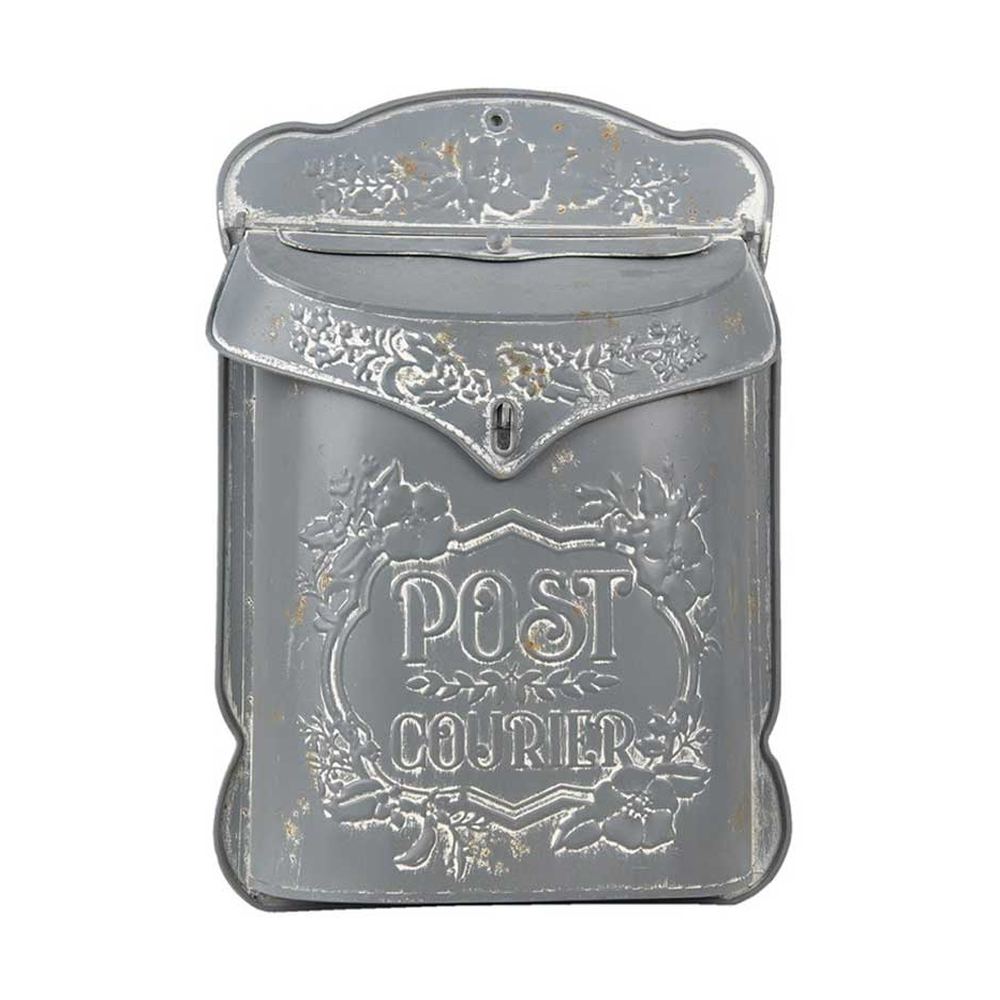 Vintage stílusú, fémből készült, növényi dombormintával díszített, "Post Courier" feliratú antik szürke dekor postaláda az