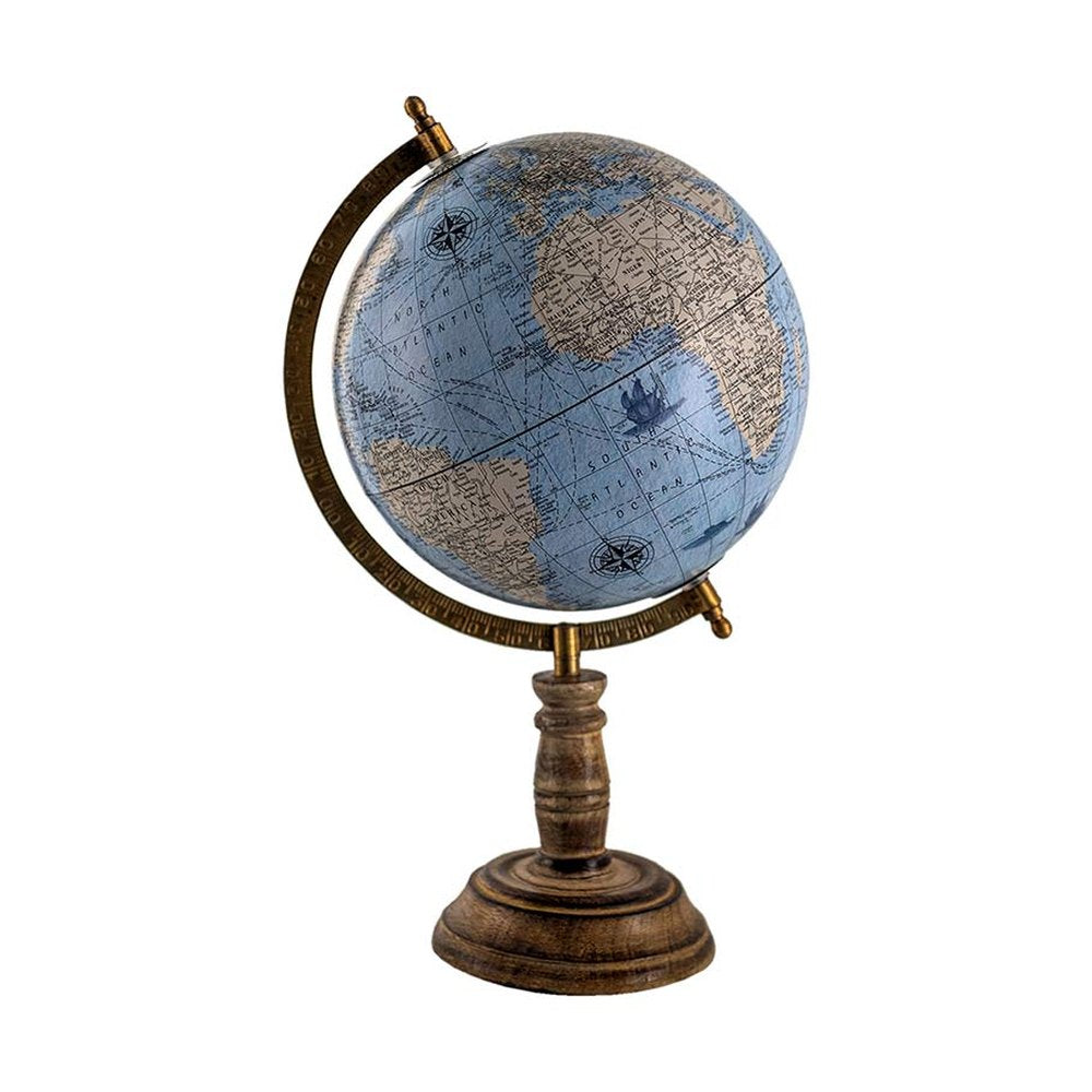 Antik kék alapszínű, 22 cm átmérőjű és 37 cm magas, vintage stílusú földgömb mangófa talapzaton.