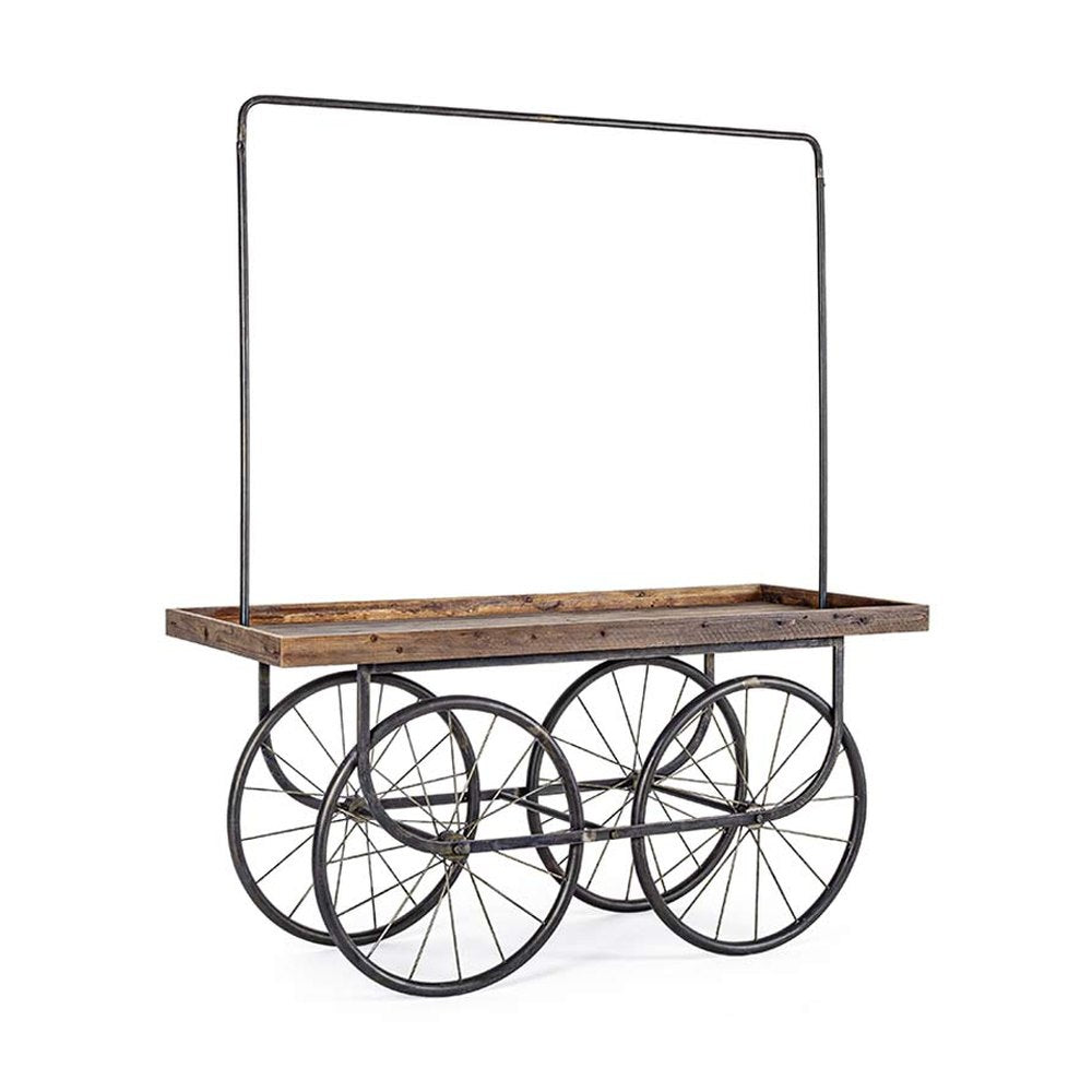 Prémium kategóriás, vidéki vintage stílusú, 160 cm hosszú és 189 cm magas, vásári jellegű, kerekes kiállítóasztal