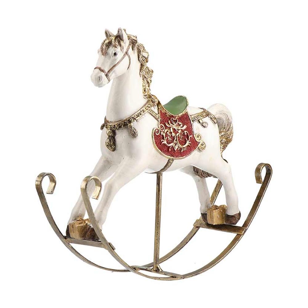 Vintage stílusú, 23 cm magas, fehér és arany színű, díszes karácsonyi hintaló