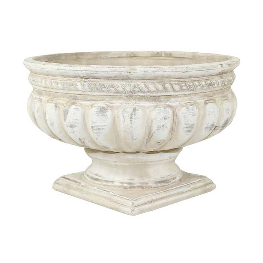 Vintage stílusú, antikolt krém színű, 22 cm átmérőjű, öblös kialakítású talpas kerámiakaspó