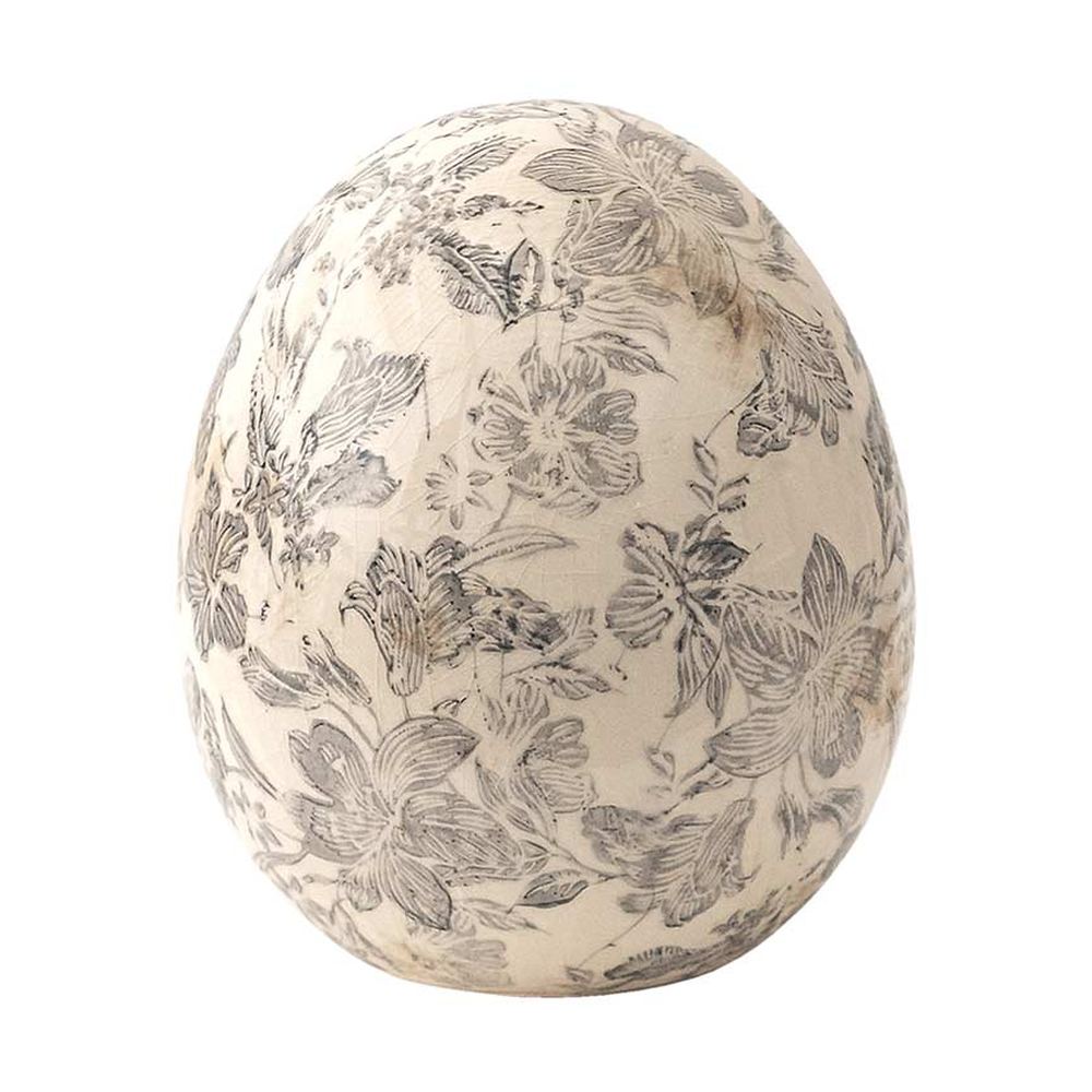 Antikolt mázas, szürke színű növényi motívummal díszített kerámia tojás.