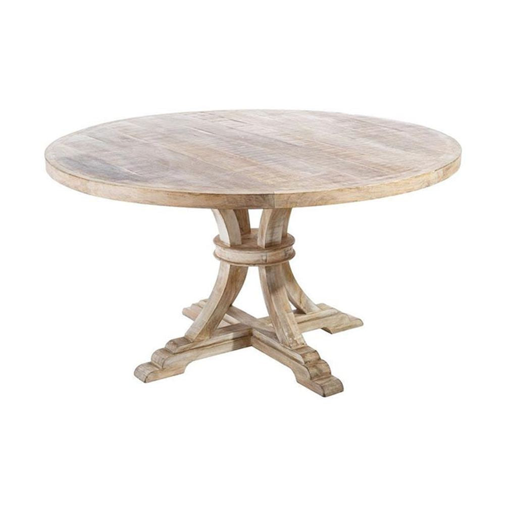 Prémium kategóriás, tömör mangófából készül, 150 cm átmérőjű, vidéki vintage stílusú, kör formájú étkezőasztal