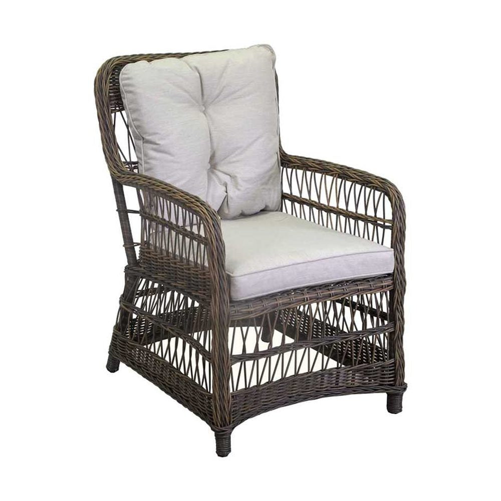 Prémium minőségű, vidéki vintage stílusú, natúr színű műrattan kerti fotel ekrü színű olefin ülő és hátpárnával